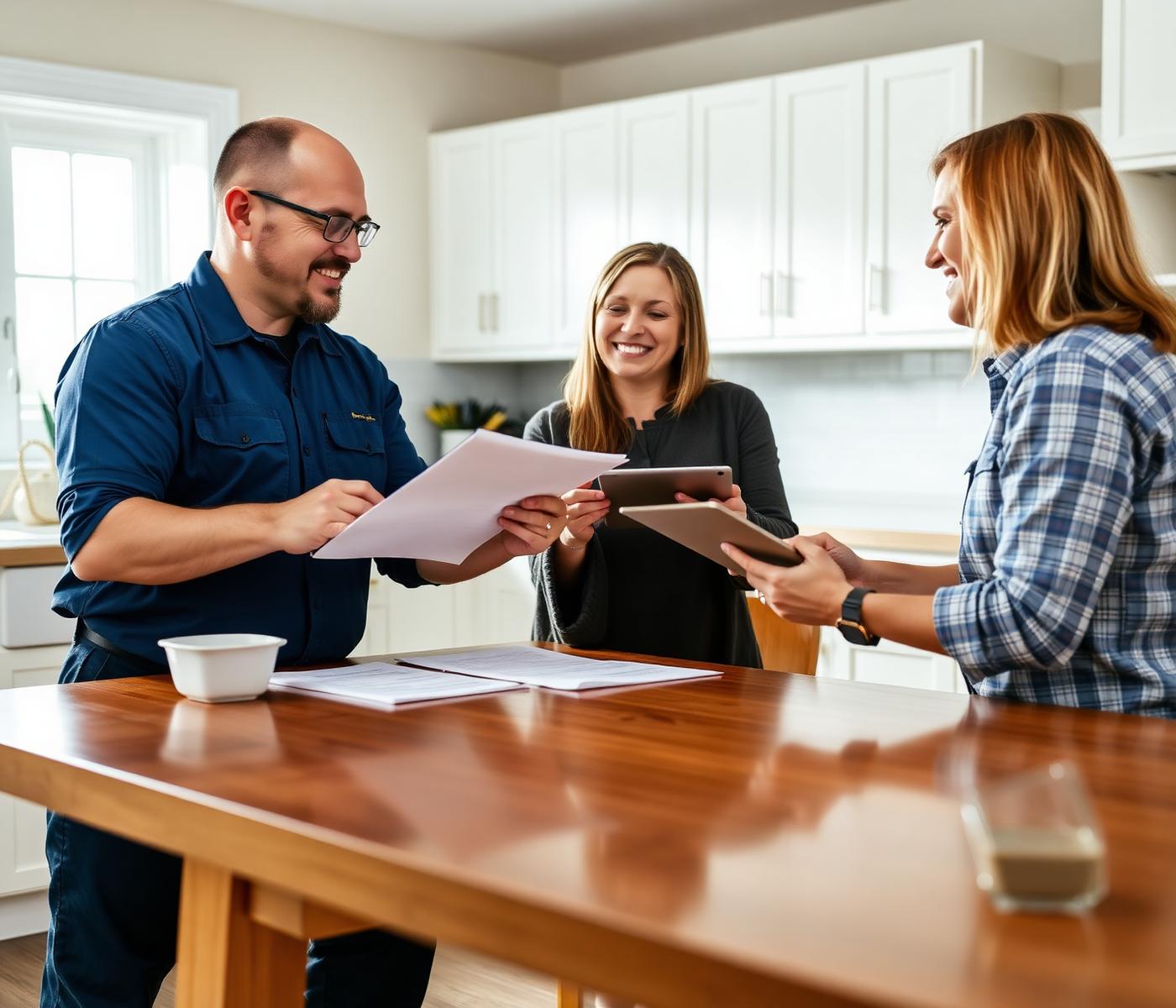 Technician talking with homeowners at a kitchen table